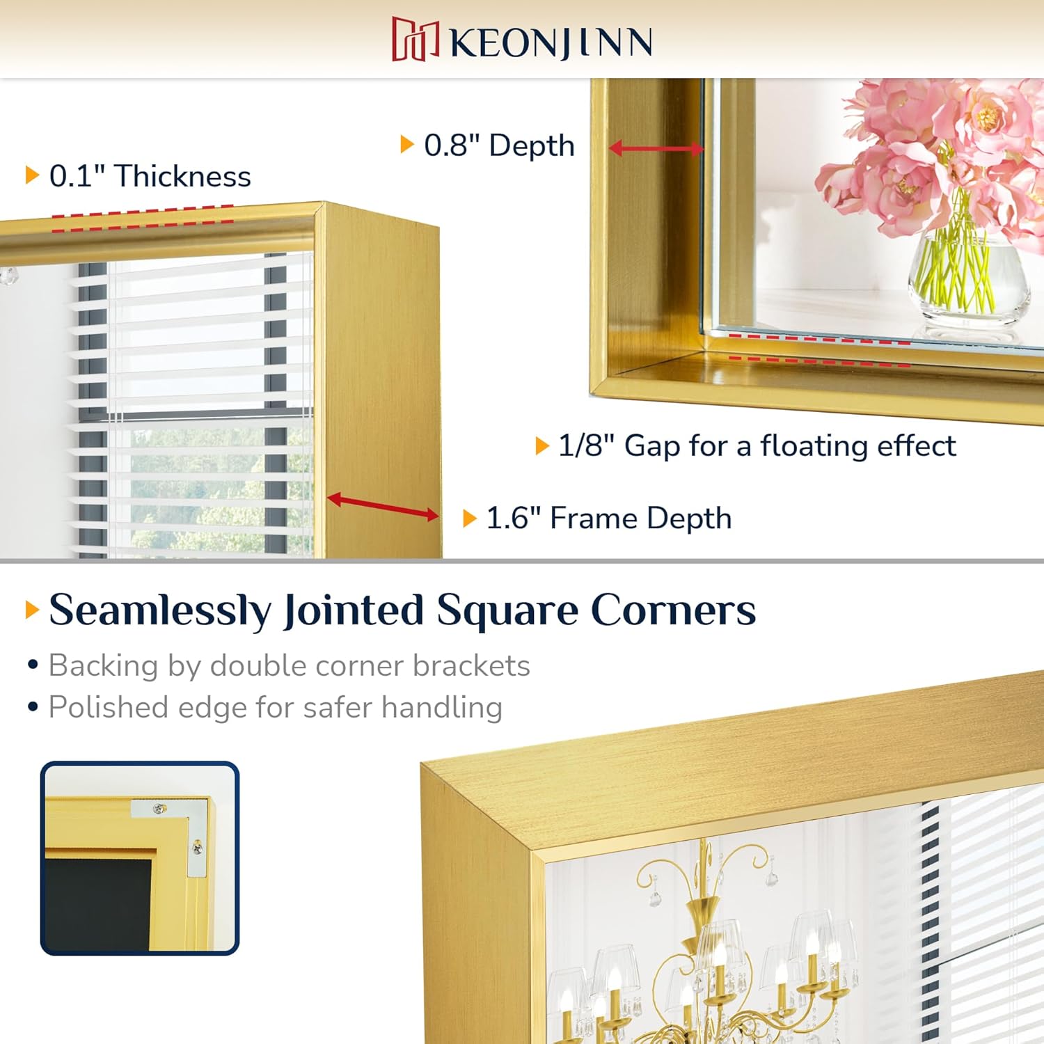 24 x 36 Inch Brushed Gold Mirror for Bathroom Rectangle Square Corner Modern Farmhouse Aluminum
