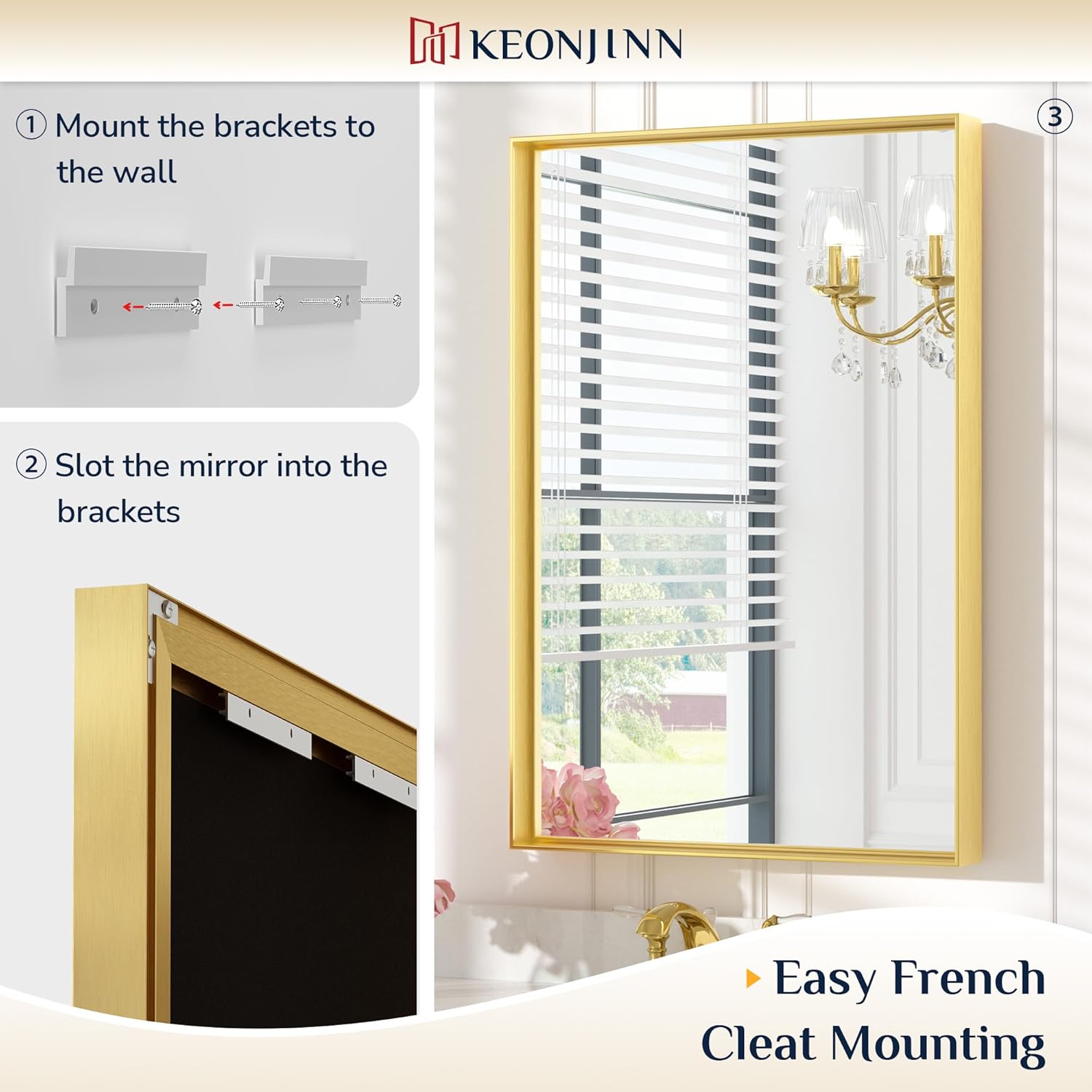 24 x 36 Inch Brushed Gold Mirror for Bathroom Rectangle Square Corner Modern Farmhouse Aluminum
