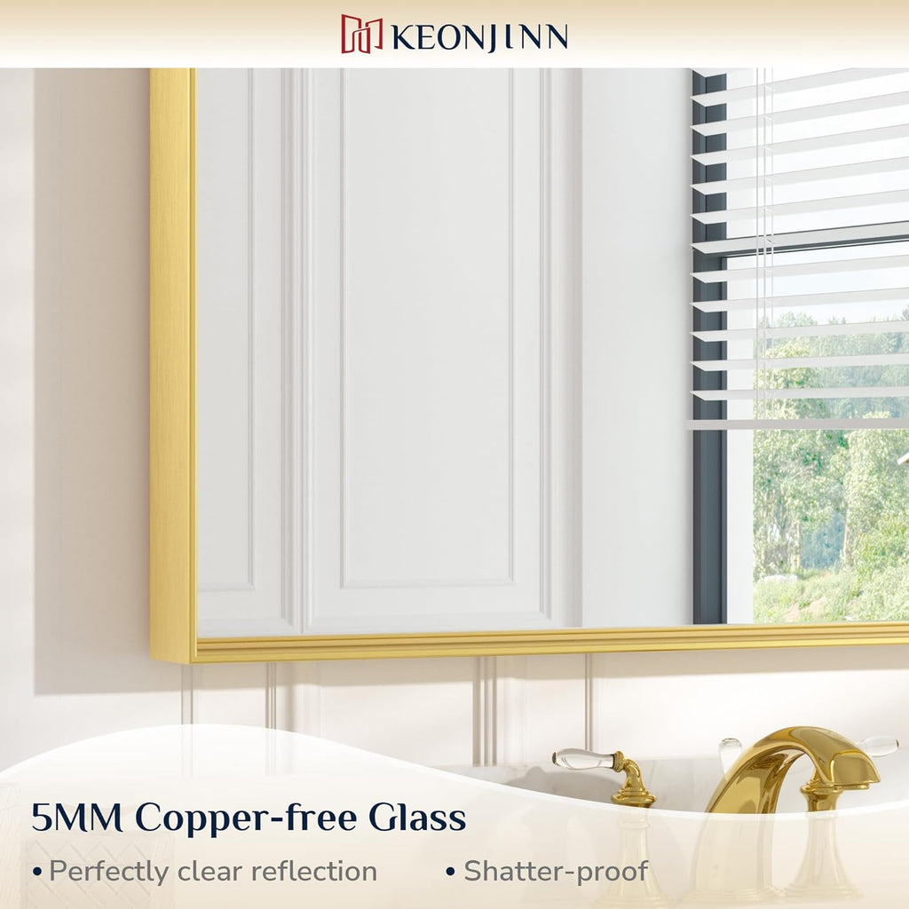 24 x 36 Inch Brushed Gold Mirror for Bathroom Rectangle Square Corner Modern Farmhouse Aluminum