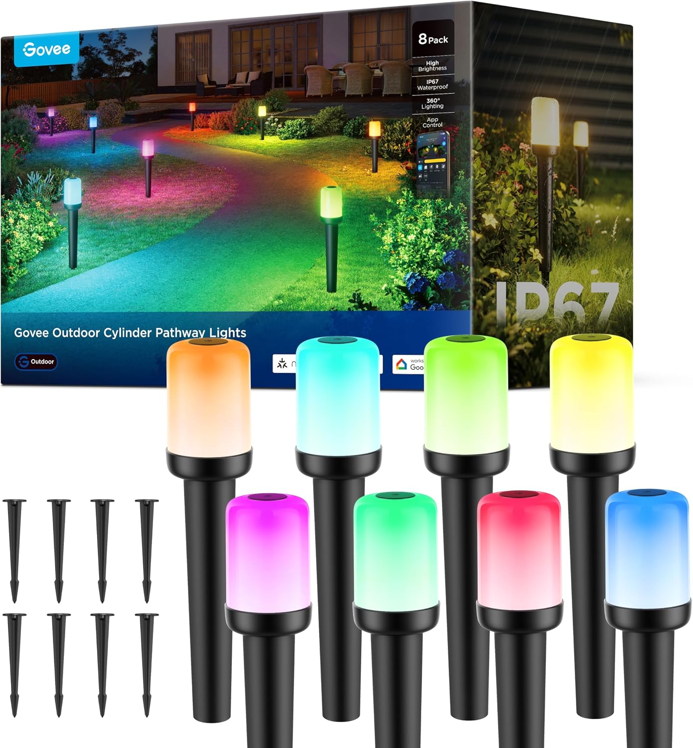 NEW/OPEN BOX Govee Outdoor Cylinder Pathway Lights, 8 Pack, 425 Lumens, IP67 Waterproof | 60+ Preset Scene Modes
