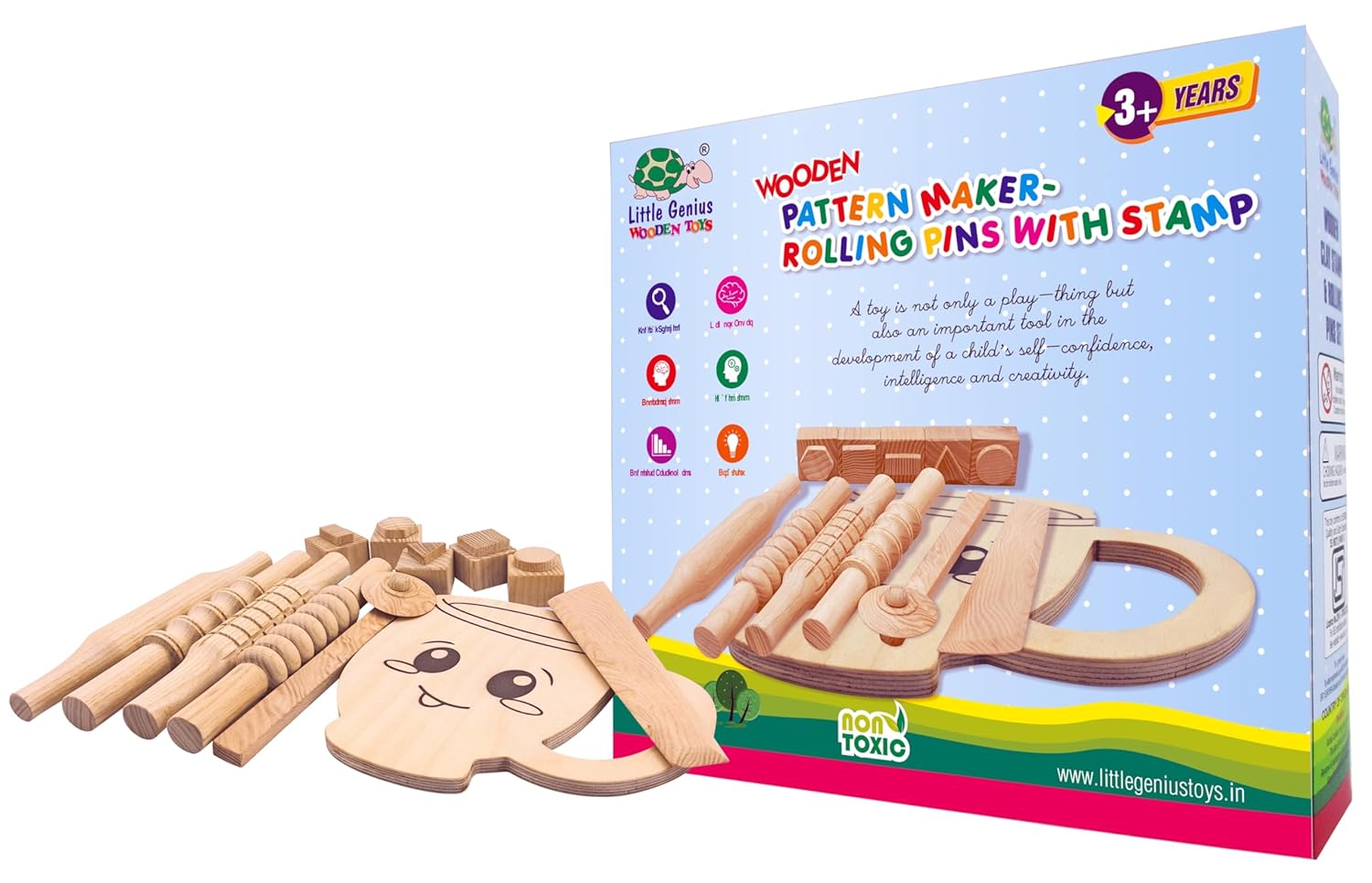 Little Genius Wooden Clay Stamp & Rolling Pins Set, 3 Years & Above, Preschool Toys