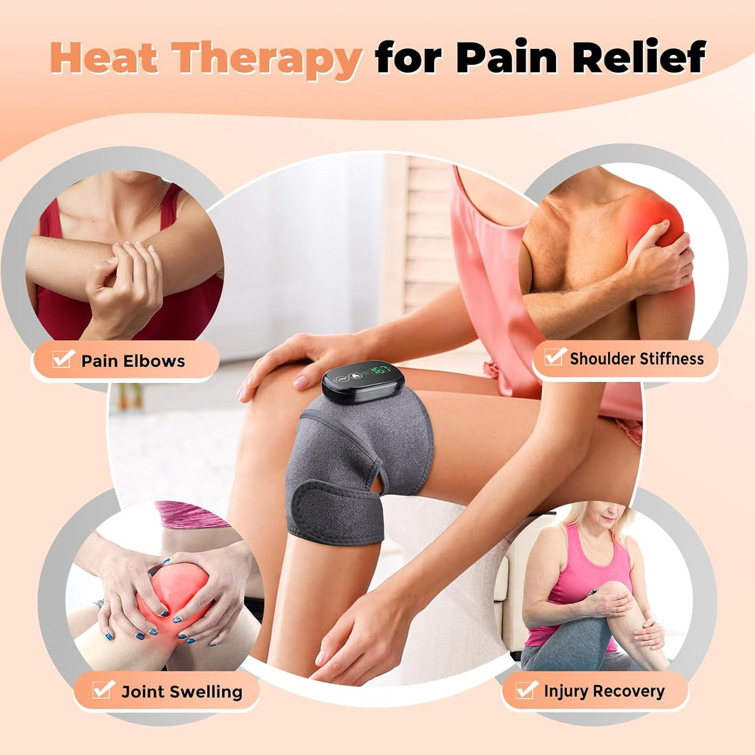 Heated Knee Massager with Vibration, Cordless Heated Knee Brace, Rechargeable 3-in-1 Heating Pad for Knee Elbow Shoulder, 3 Adjustable Intensity & Temperature Levels