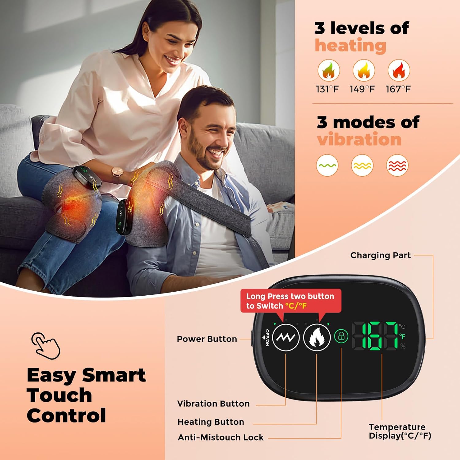 Heated Knee Massager with Vibration, Cordless Heated Knee Brace, Rechargeable 3-in-1 Heating Pad for Knee Elbow Shoulder, 3 Adjustable Intensity & Temperature Levels