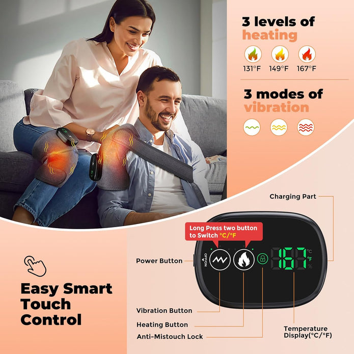 Heated Knee Massager with Vibration, Cordless Heated Knee Brace, Rechargeable 3-in-1 Heating Pad for Knee Elbow Shoulder, 3 Adjustable Intensity & Temperature Levels