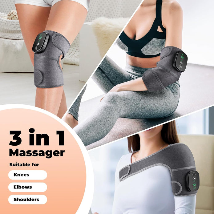 Heated Knee Massager with Vibration, Cordless Heated Knee Brace, Rechargeable 3-in-1 Heating Pad for Knee Elbow Shoulder, 3 Adjustable Intensity & Temperature Levels