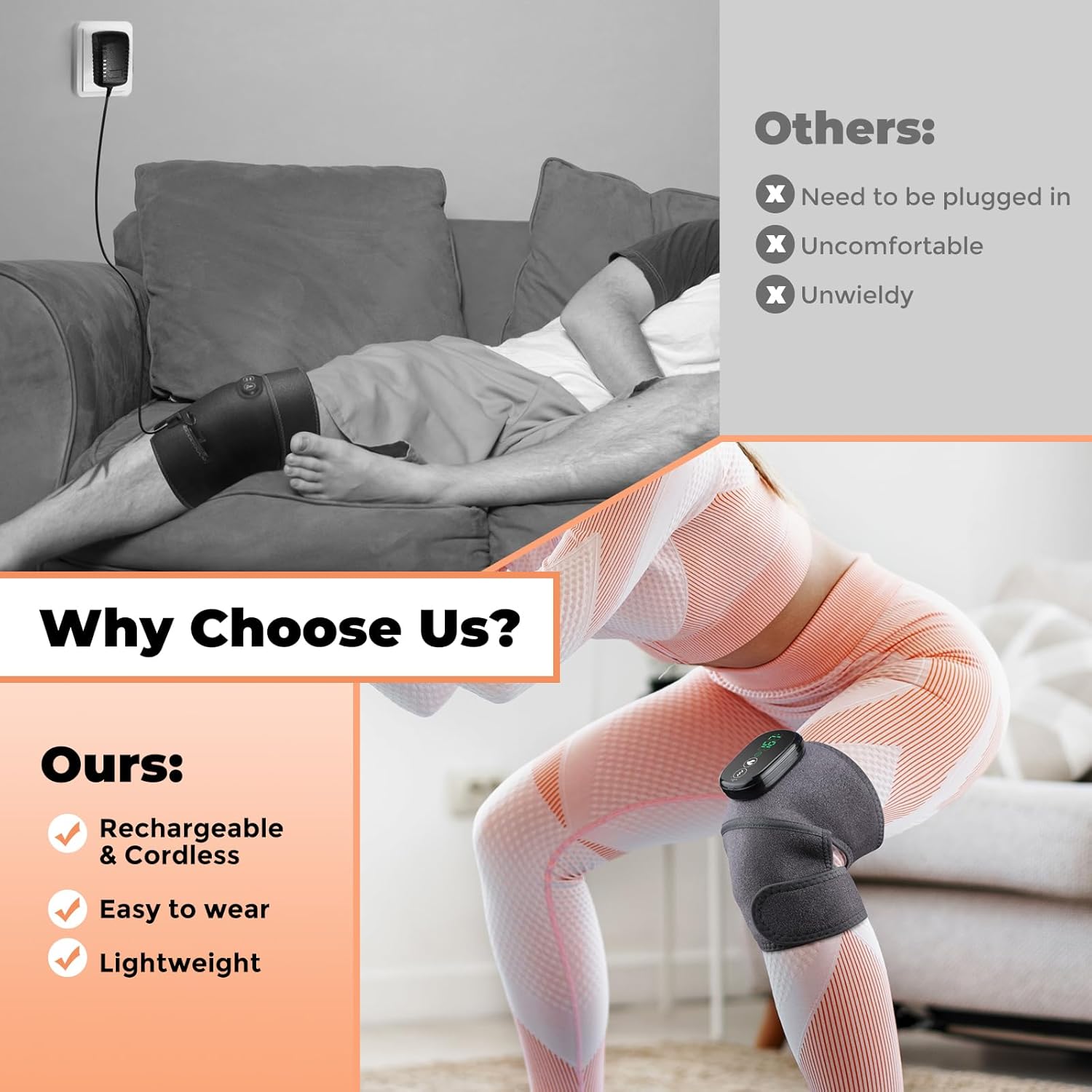 Heated Knee Massager with Vibration, Cordless Heated Knee Brace, Rechargeable 3-in-1 Heating Pad for Knee Elbow Shoulder, 3 Adjustable Intensity & Temperature Levels