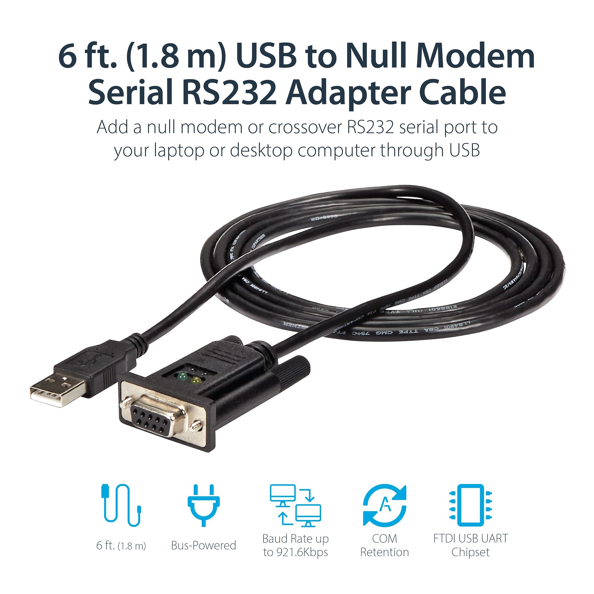 1-Port USB to Serial RS232 Adapter, FTDI DB9 Serial DCE Adapter Cable, Null Modem, USB 2.0 - TAA