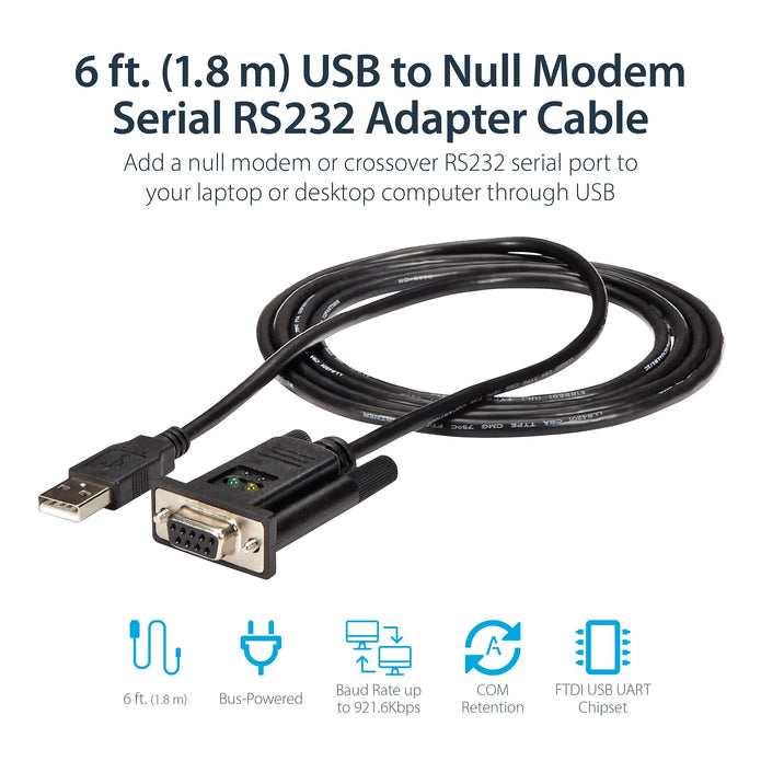 1-Port USB to Serial RS232 Adapter, FTDI DB9 Serial DCE Adapter Cable, Null Modem, USB 2.0 - TAA