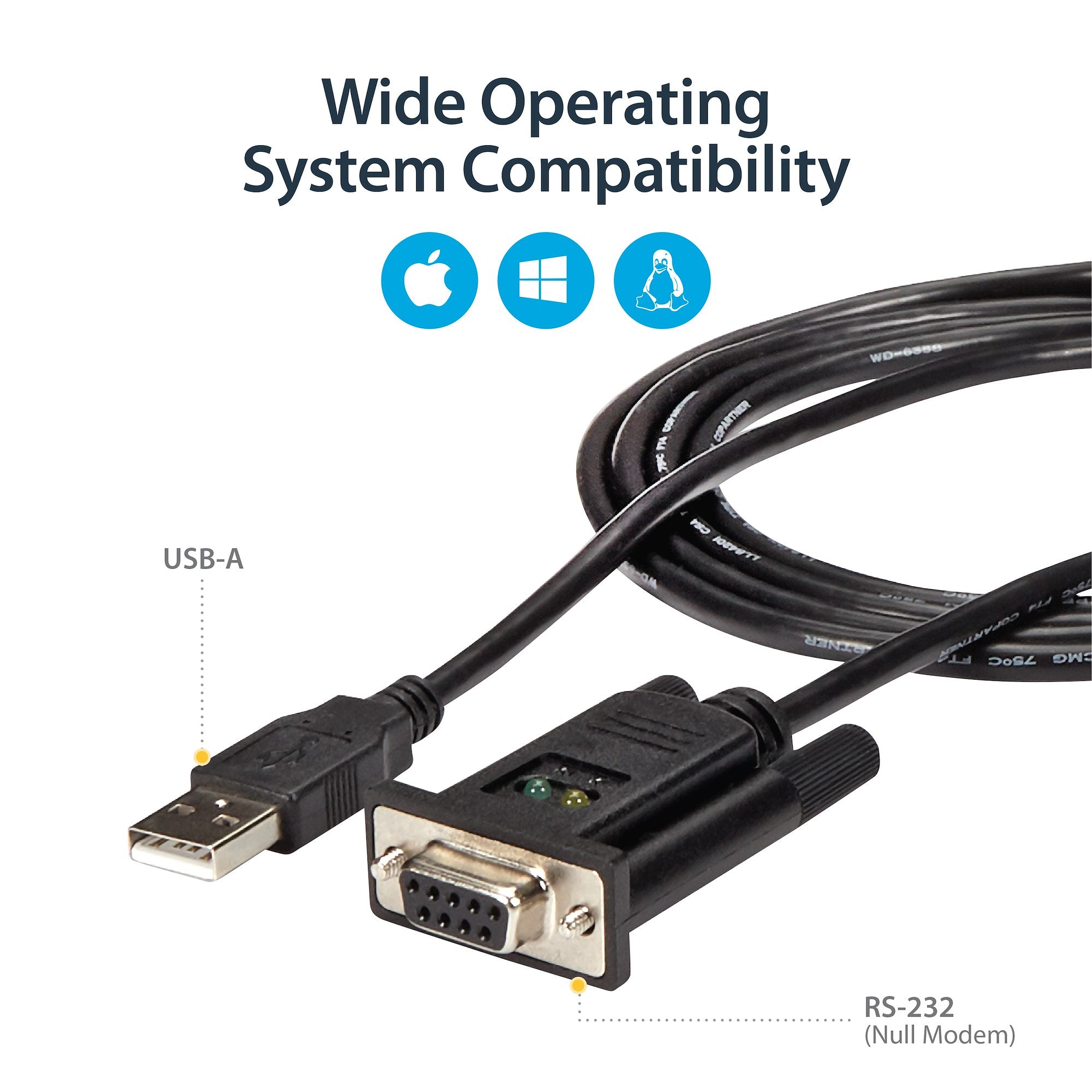 1-Port USB to Serial RS232 Adapter, FTDI DB9 Serial DCE Adapter Cable, Null Modem, USB 2.0 - TAA