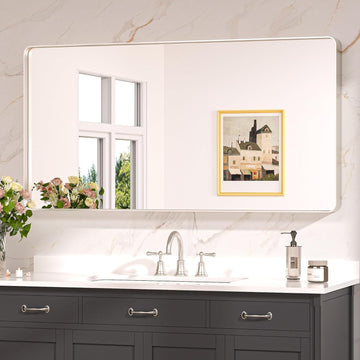 48” x 24” Brushed Nickel Mirror Silver Bathroom Mirror for Over Sink, Rounded Rectangle