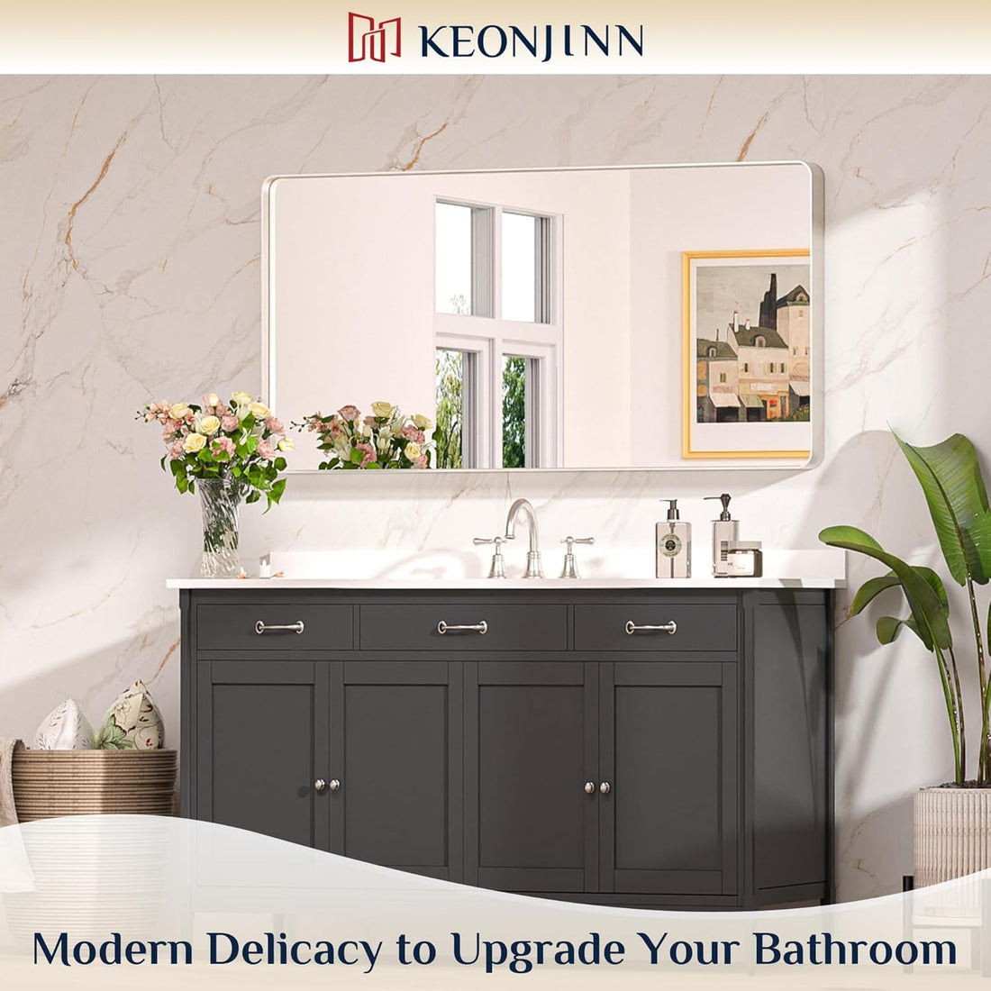 48” x 24” Brushed Nickel Mirror Silver Bathroom Mirror for Over Sink, Rounded Rectangle