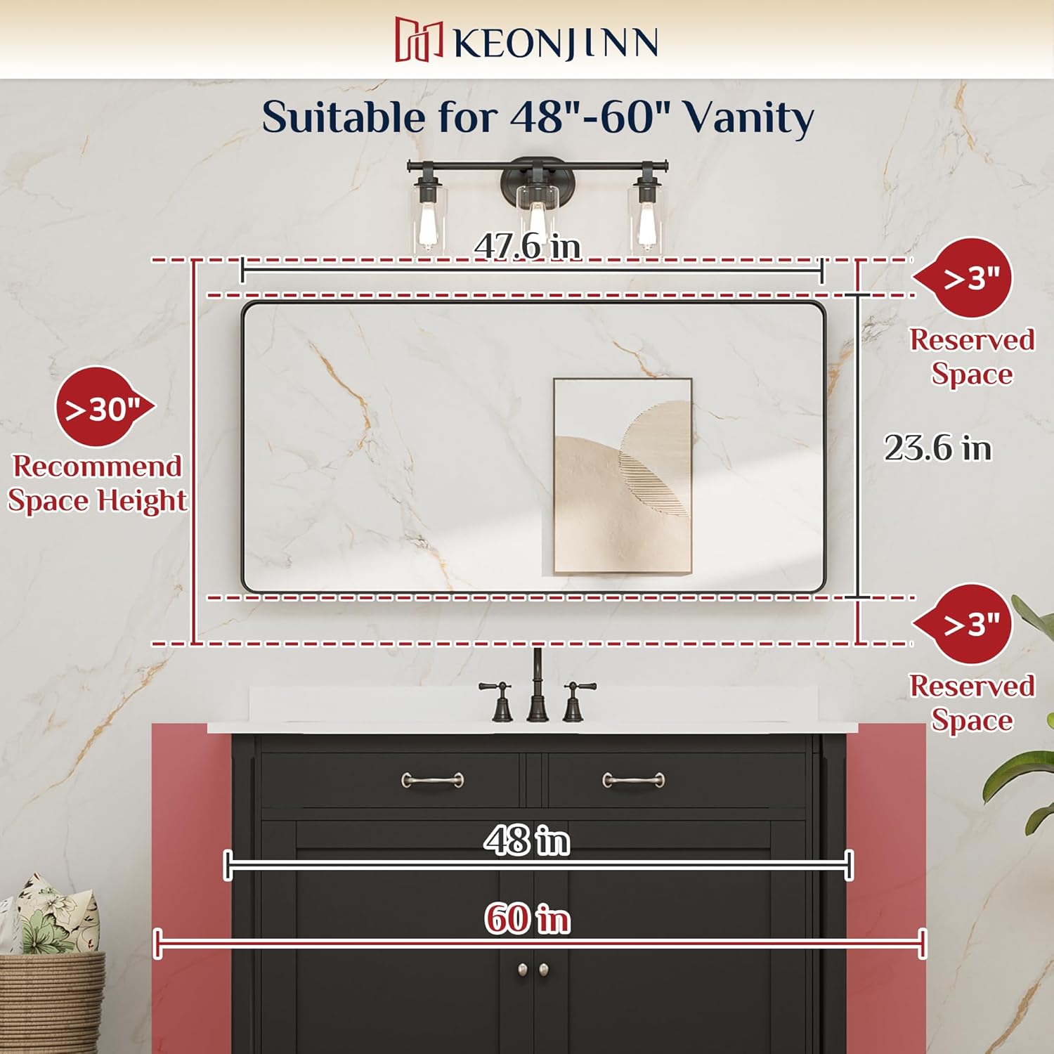 48” x 24” Brushed Nickel Mirror Silver Bathroom Mirror for Over Sink, Rounded Rectangle