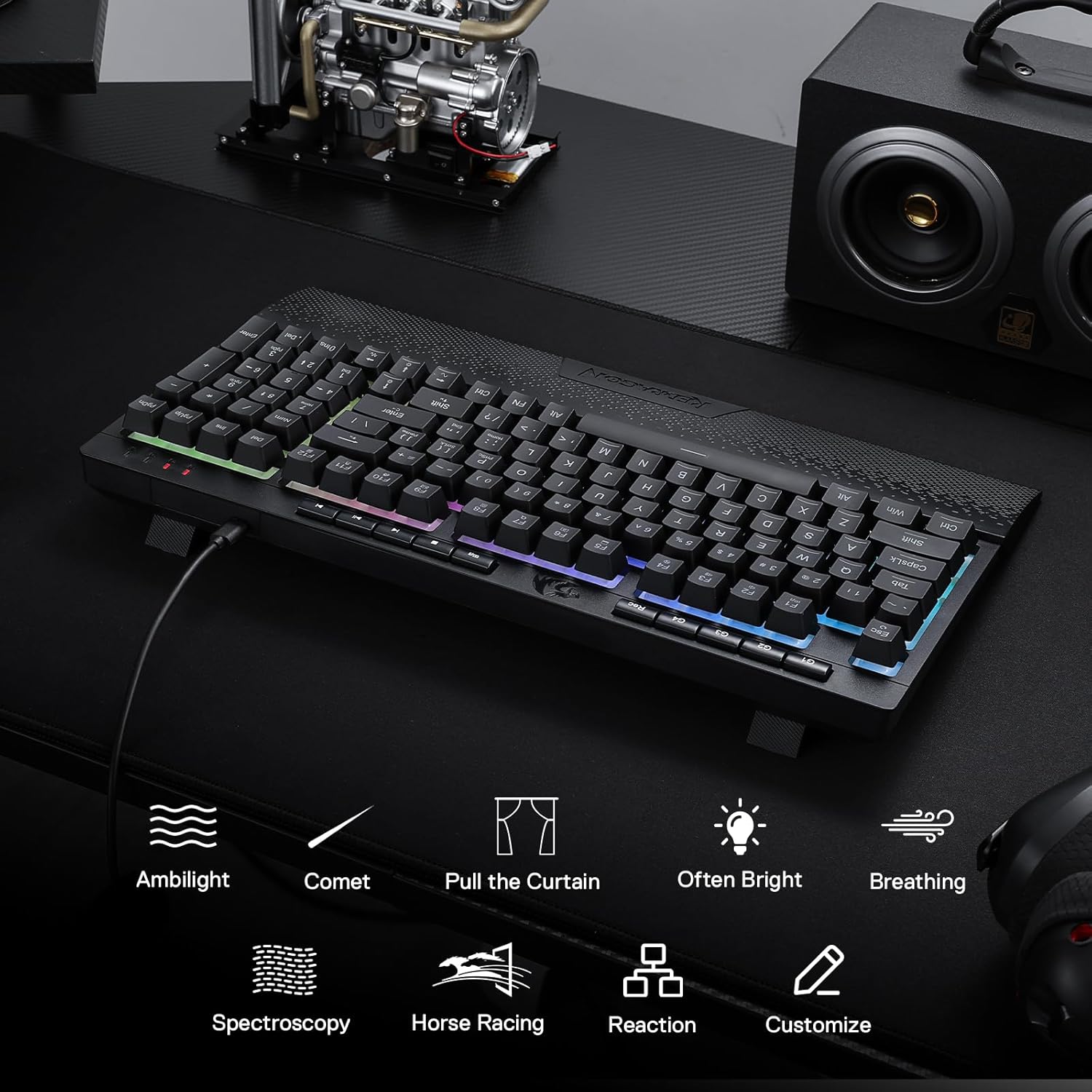 Redragon K515 Shiva RGB Membrane Gaming Keyboard, 98 Keys Mechanical-Feel Keyboard w/Smooth Linear Switch, On-Board Macro & Dedicated Multimedia Keys, Detachable Wrist Rest, Software Supported