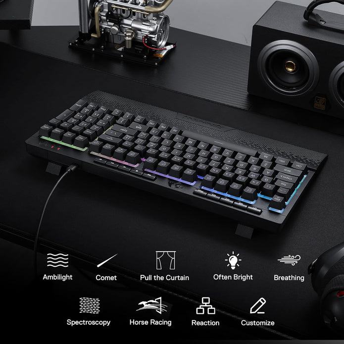 Redragon K515 Shiva RGB Membrane Gaming Keyboard, 98 Keys Mechanical-Feel Keyboard w/Smooth Linear Switch, On-Board Macro & Dedicated Multimedia Keys, Detachable Wrist Rest, Software Supported