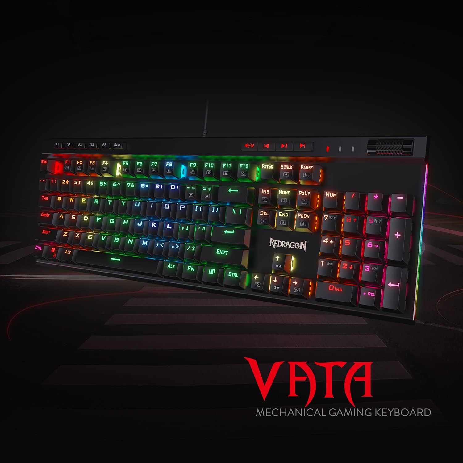Redragon K580 VATA RGB Mechanical Gaming Keyboard, 104 Keys Gamer Keyboard with Blue Tactile Mechanical Switches, Customizable RGB Backlit, 5 On-Board Macro Keys & Dedicated Media Controls Panel