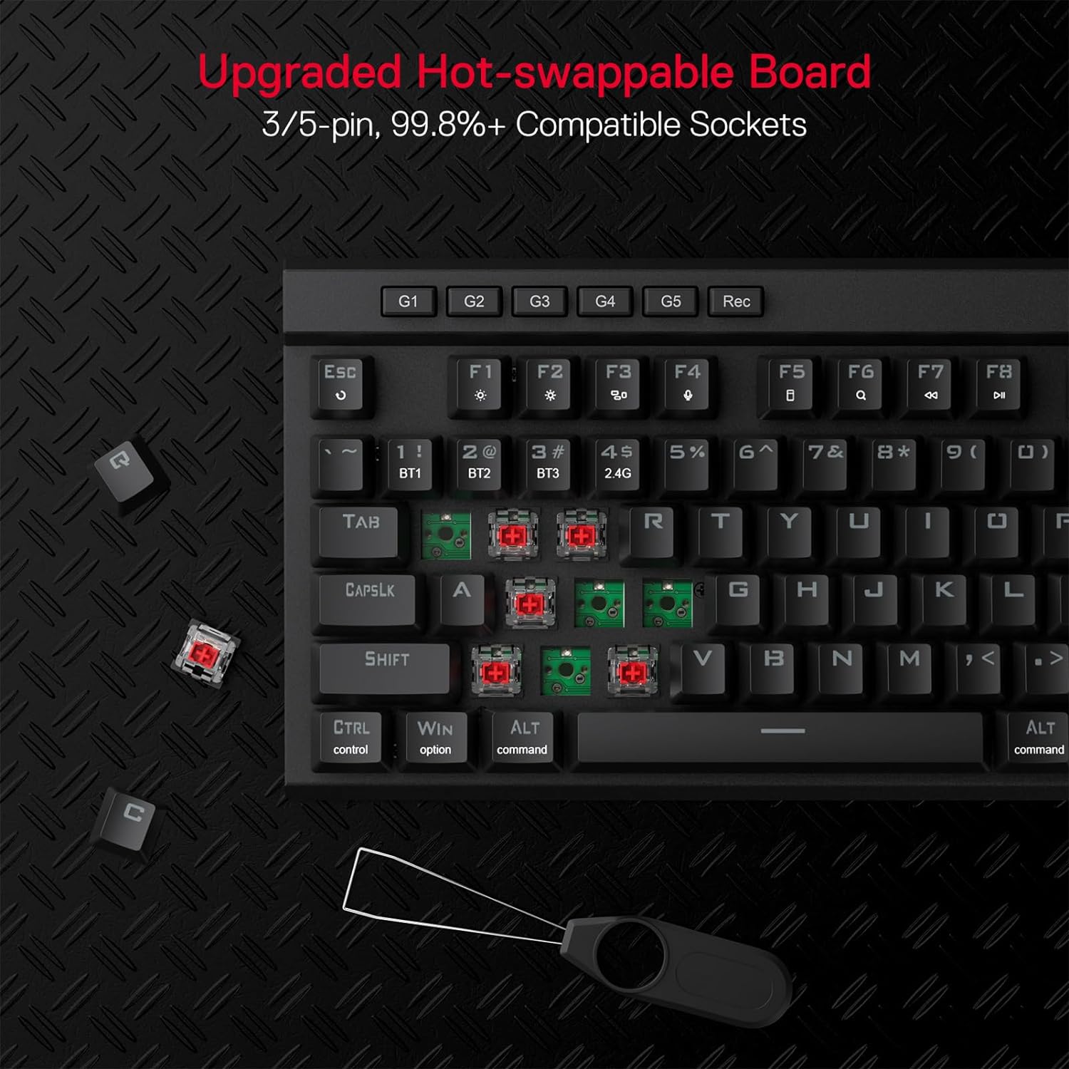 Redragon K580 Vata PRO Wireless RGB Gaming Keyboard, 3-Modes 104 Keys Mechanical Keyboard w/Hot-Swap Socket, Dedicated Media Controls & Onboard Macro Recording, Linear Red Switch