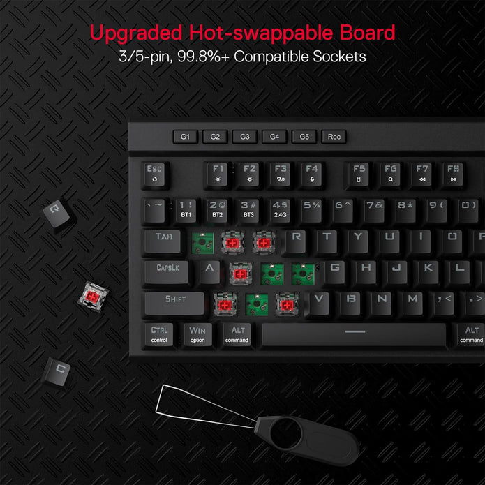 Redragon K580 Vata PRO Wireless RGB Gaming Keyboard, 3-Modes 104 Keys Mechanical Keyboard w/Hot-Swap Socket, Dedicated Media Controls & Onboard Macro Recording, Linear Red Switch