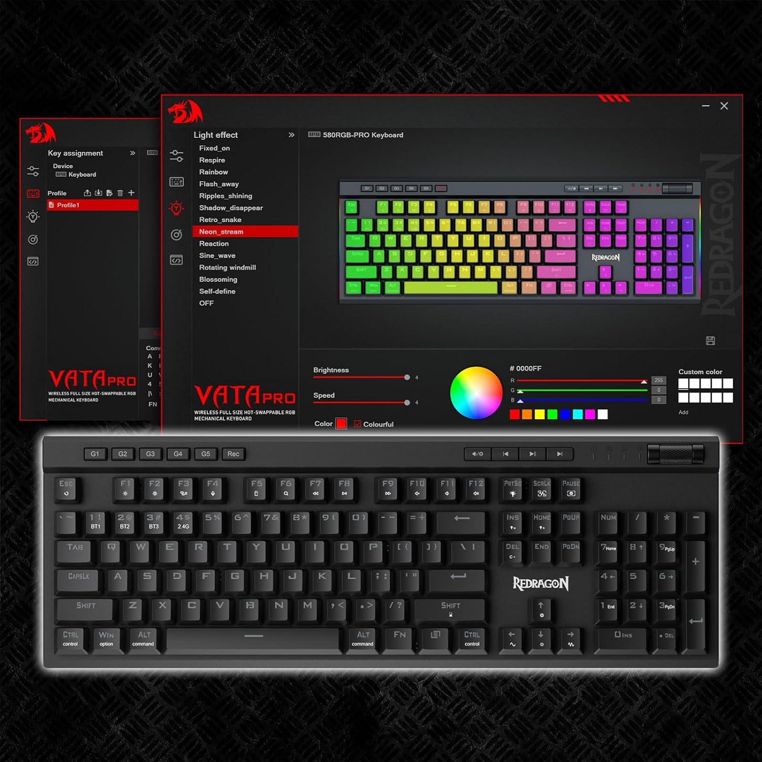 Redragon K580 Vata PRO Wireless RGB Gaming Keyboard, 3-Modes 104 Keys Mechanical Keyboard w/Hot-Swap Socket, Dedicated Media Controls & Onboard Macro Recording, Linear Red Switch
