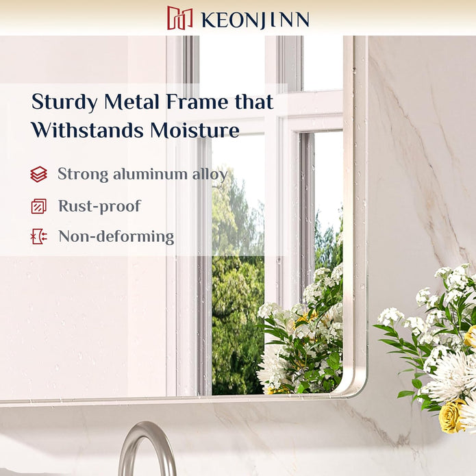 48” x 24” Brushed Nickel Mirror Silver Bathroom Mirror for Over Sink, Rounded Rectangle