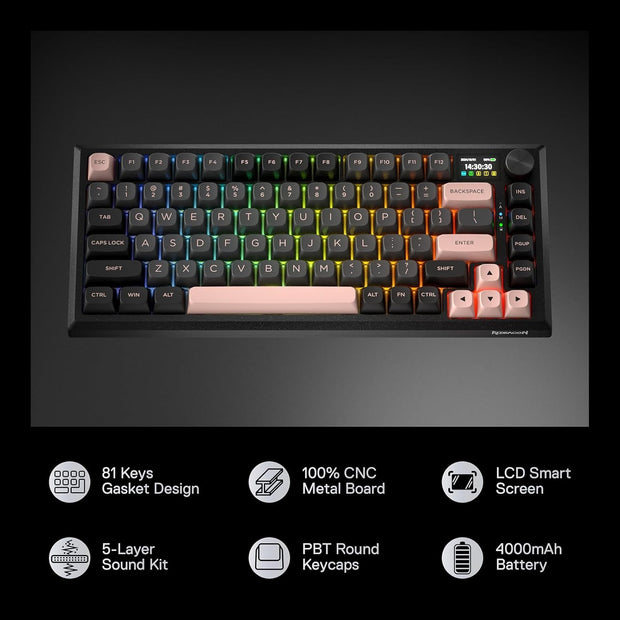 Redragon Eclipse Pro K720 Wireless CNC Gasket Gaming Keyboard w/Hype Screen & Knob, 81 Keys Mechanical Keyboard, Smart 1.14’’ TFT Info Display, 5-Layer Noise Dampening, Custom Linear Switch, Dawn Sakura Color
