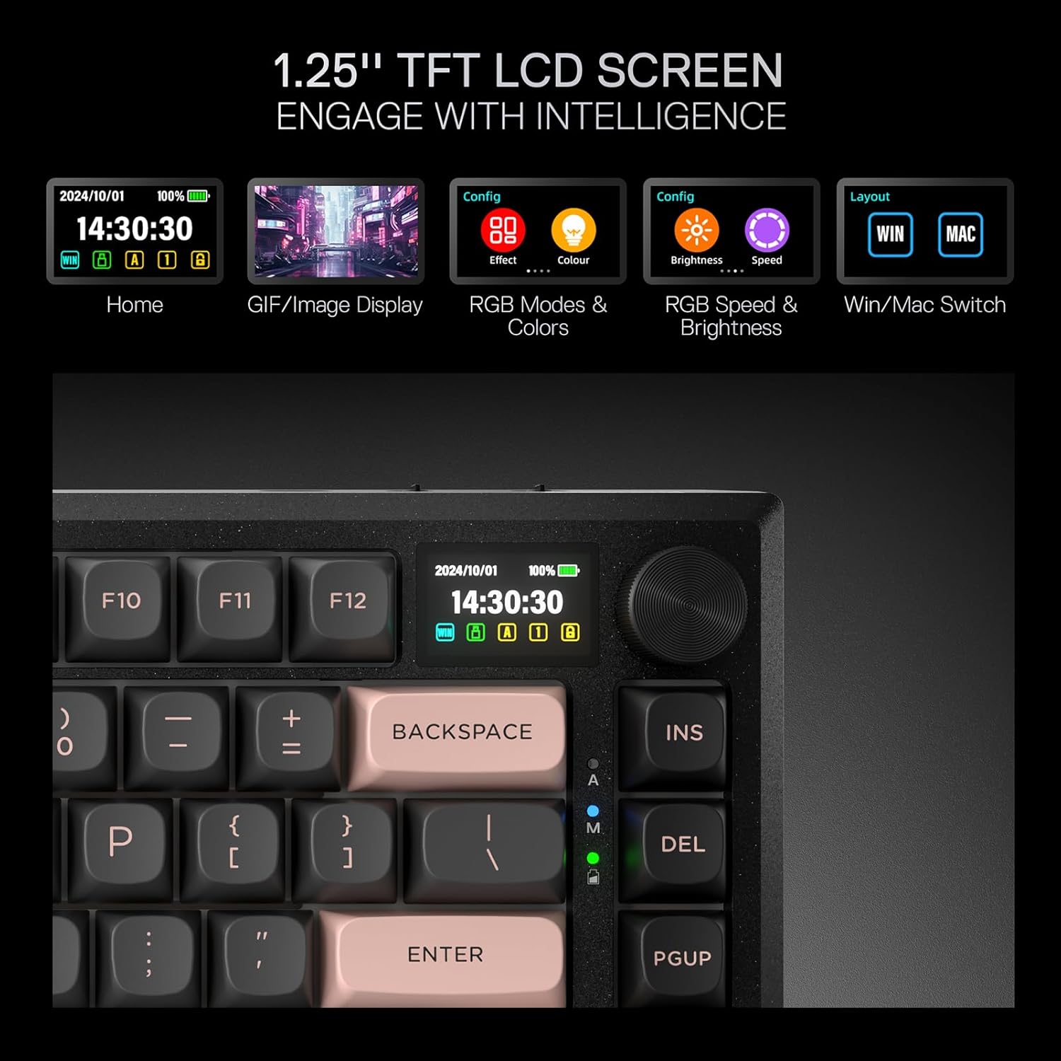 Redragon Eclipse Pro K720 Wireless CNC Gasket Gaming Keyboard w/Hype Screen & Knob, 81 Keys Mechanical Keyboard, Smart 1.14’’ TFT Info Display, 5-Layer Noise Dampening, Custom Linear Switch, Dawn Sakura Color