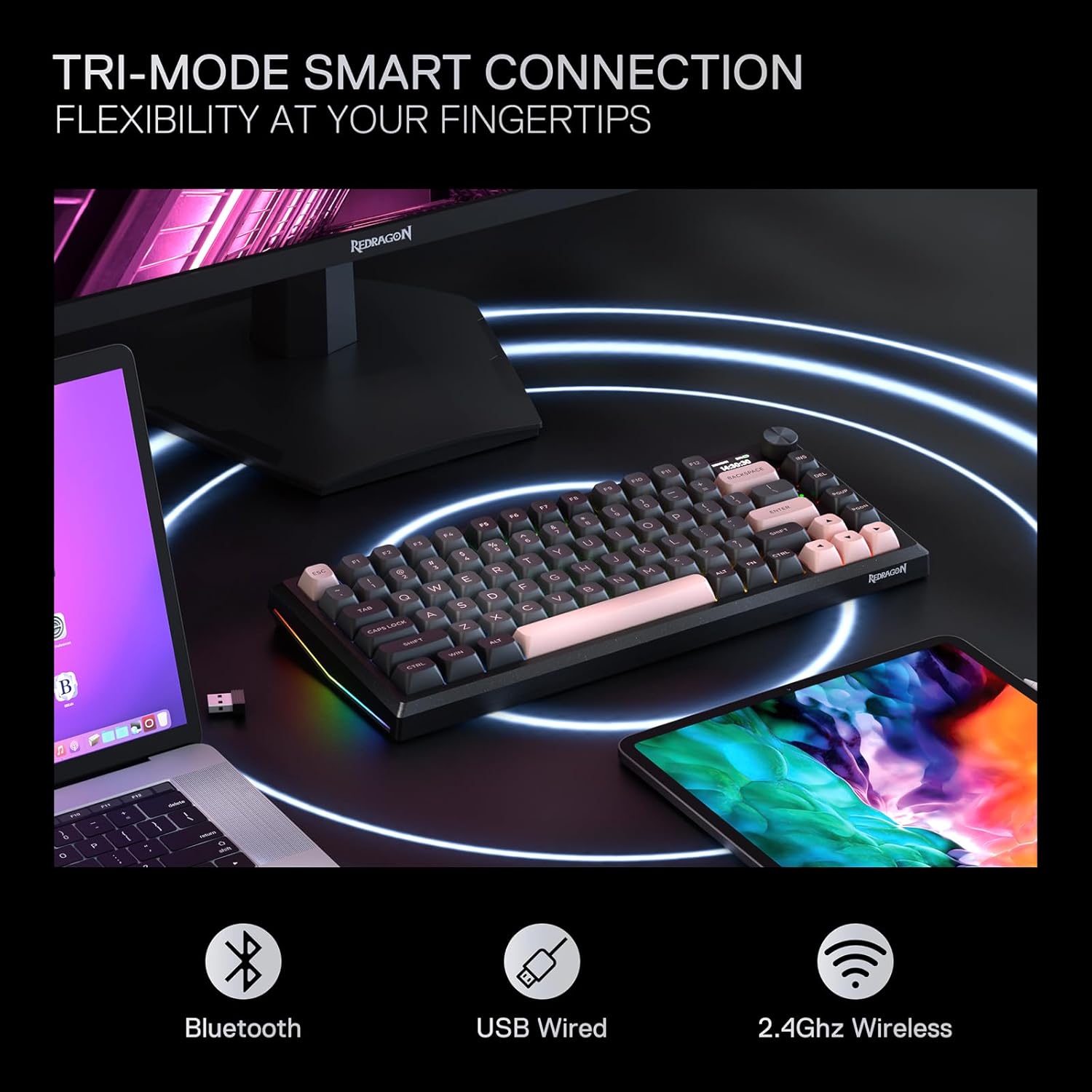Redragon Eclipse Pro K720 Wireless CNC Gasket Gaming Keyboard w/Hype Screen & Knob, 81 Keys Mechanical Keyboard, Smart 1.14’’ TFT Info Display, 5-Layer Noise Dampening, Custom Linear Switch, Dawn Sakura Color