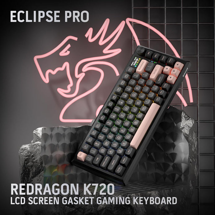 Redragon Eclipse Pro K720 Wireless CNC Gasket Gaming Keyboard w/Hype Screen & Knob, 81 Keys Mechanical Keyboard, Smart 1.14’’ TFT Info Display, 5-Layer Noise Dampening, Custom Linear Switch, Dawn Sakura Color