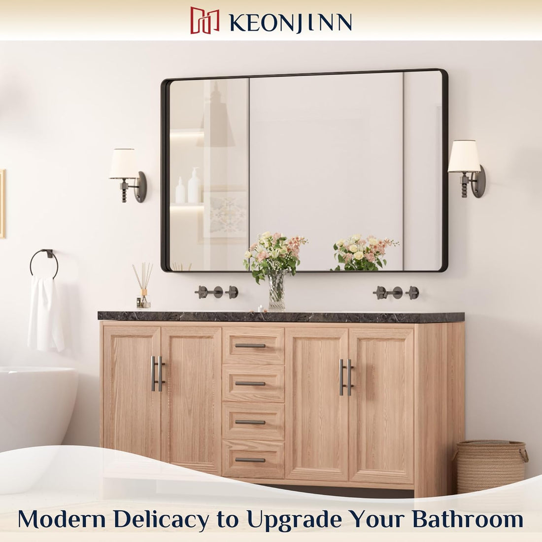 48” x 30” Black Bathroom Mirrors for Over Sink, Rounded Rectangle Bathroom Vanity Mirror