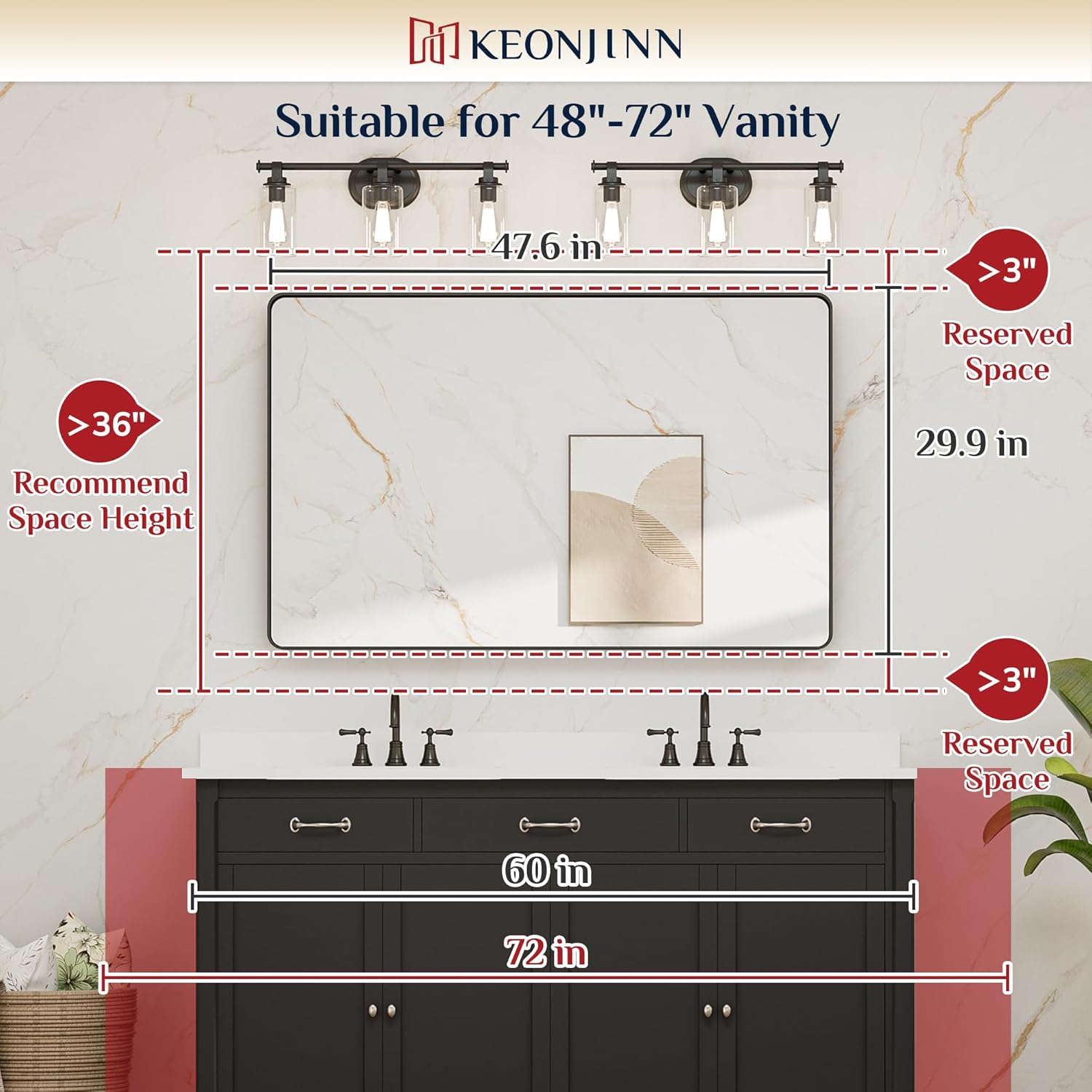 48” x 30” Black Bathroom Mirrors for Over Sink, Rounded Rectangle Bathroom Vanity Mirror