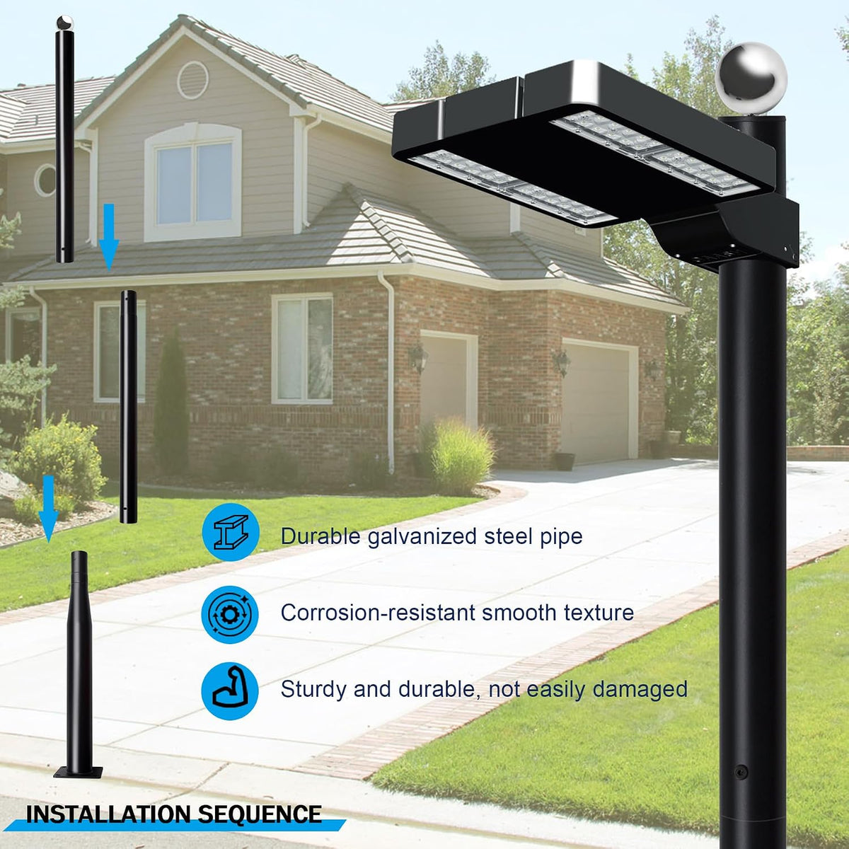 Street Light Pole 10Ft,Street Light Poles for Outdoor Lighting, Solar Street Light Pole Accessory for Street, Patio, Backyard, Basketball Court, Park