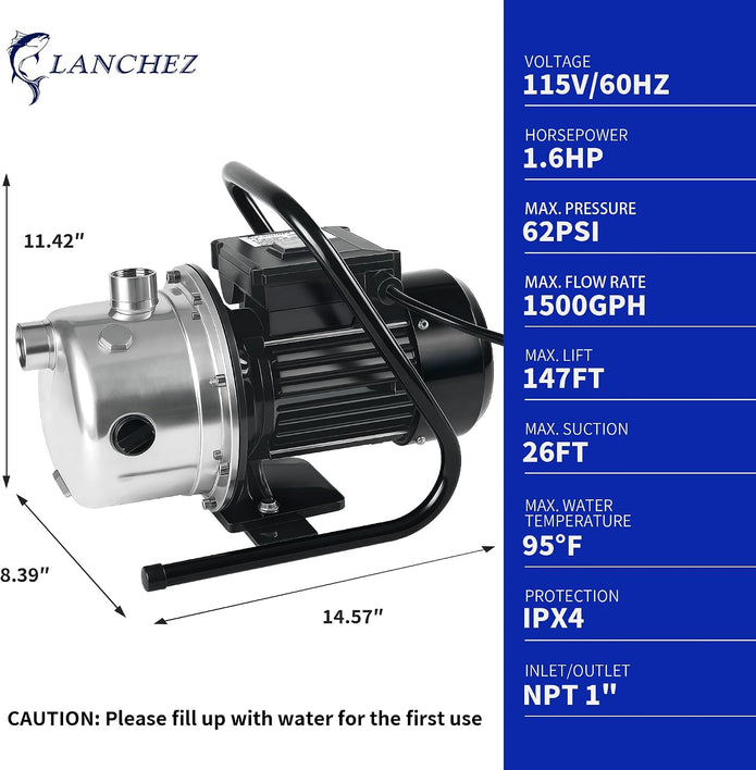 LANCHEZ Shallow Well Pump, Stainless Steel Water Transfer Pump, 115V Garden Irrigation Pump, Water Booster Jet Pump for Home Garden Lawn Farm, Silver | 115V 1.6 HP, 1500 GPH, Portable Stainless Steel
