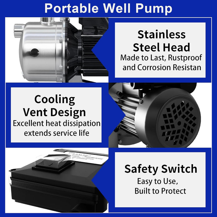 LANCHEZ Shallow Well Pump, Stainless Steel Water Transfer Pump, 115V Garden Irrigation Pump, Water Booster Jet Pump for Home Garden Lawn Farm, Silver | 115V 1.6 HP, 1500 GPH, Portable Stainless Steel