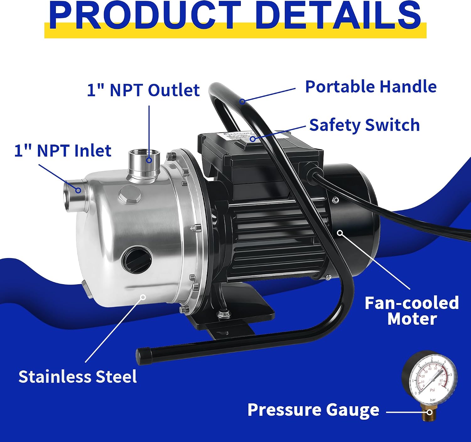 LANCHEZ Shallow Well Pump, Stainless Steel Water Transfer Pump, 115V Garden Irrigation Pump, Water Booster Jet Pump for Home Garden Lawn Farm, Silver | 115V 1.6 HP, 1500 GPH, Portable Stainless Steel
