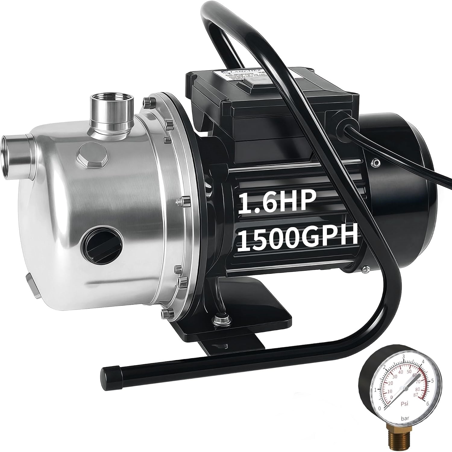 LANCHEZ Shallow Well Pump, Stainless Steel Water Transfer Pump, 115V Garden Irrigation Pump, Water Booster Jet Pump for Home Garden Lawn Farm, Silver | 115V 1.6 HP, 1500 GPH, Portable Stainless Steel