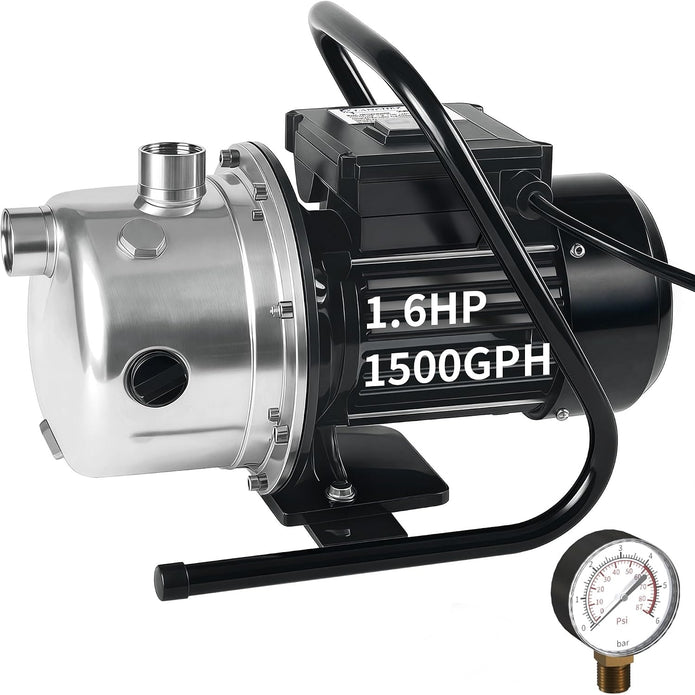 LANCHEZ Shallow Well Pump, Stainless Steel Water Transfer Pump, 115V Garden Irrigation Pump, Water Booster Jet Pump for Home Garden Lawn Farm, Silver | 115V 1.6 HP, 1500 GPH, Portable Stainless Steel