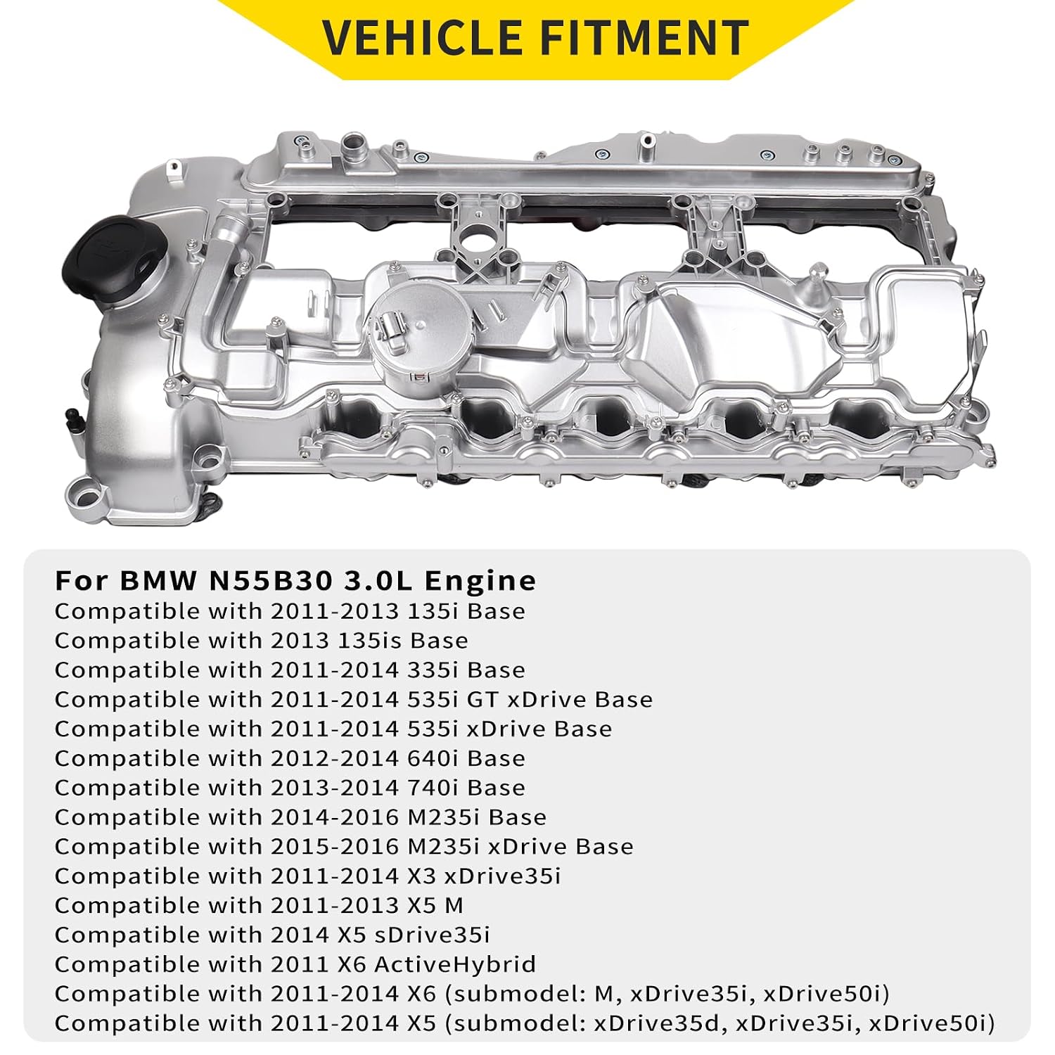 N55 Engine Aluminum Engine Valve Cover Compatible with BMW 135i M235i 535i 335i 640i 435i 740i 740Li X5 X3 X6 X4 X1 M2 435ixDrive 3.0L with Gasket Bolts Kit & Oil Cap