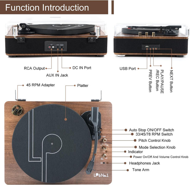 LP&No.1 Wireless Record Player with Stereo Speakers, 3-Speed Belt-Drive Turntable for Vinyl Records with Wireless Playback and Auto-Stop