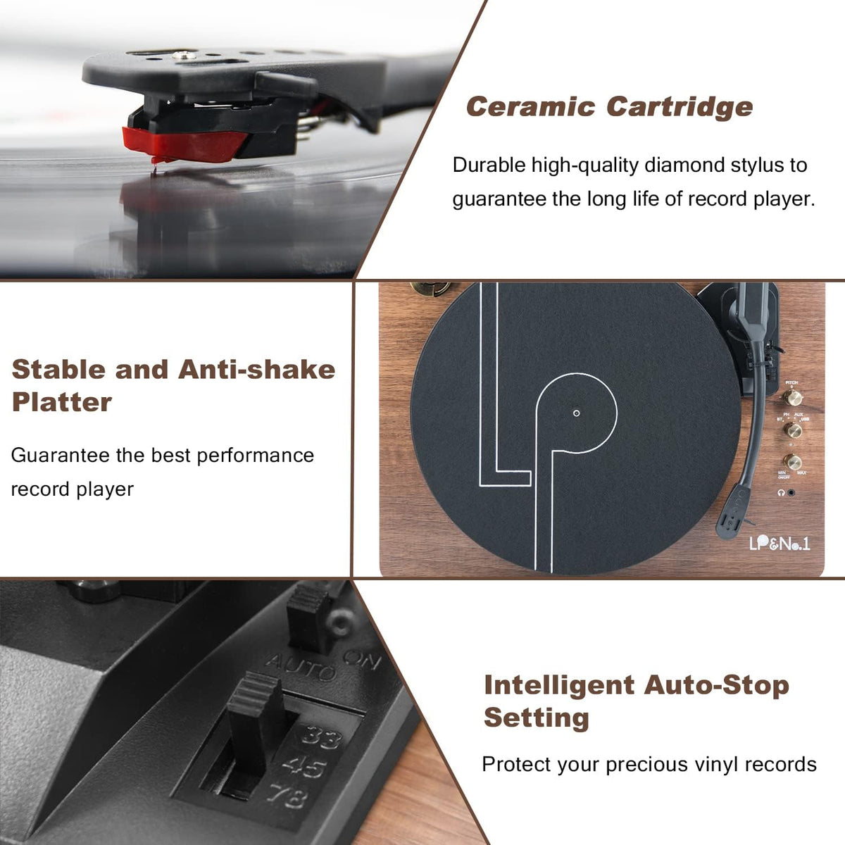 LP&No.1 Wireless Record Player with Stereo Speakers, 3-Speed Belt-Drive Turntable for Vinyl Records with Wireless Playback and Auto-Stop