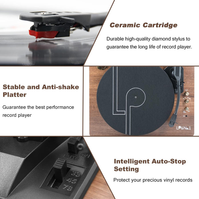 LP&No.1 Wireless Record Player with Stereo Speakers, 3-Speed Belt-Drive Turntable for Vinyl Records with Wireless Playback and Auto-Stop