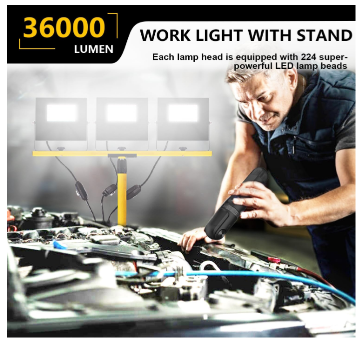 36000 Lumen Work Lights with Stand, 3 Adjustable Head LED Work Light with Adjustable and Foldable Tripod Stand, IP67 Waterproof Lamp Individual Switch with 16FT Cord for Outdoor Construction Lighting