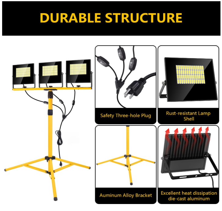 36000 Lumen Work Lights with Stand, 3 Adjustable Head LED Work Light with Adjustable and Foldable Tripod Stand, IP67 Waterproof Lamp Individual Switch with 16FT Cord for Outdoor Construction Lighting
