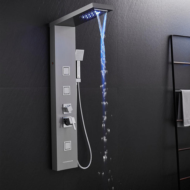 5-in-1 LED Shower Panel Tower System Stainless Steel Rainfall + waterfall heads | 3 massage sprays | Handheld shower | Waterfall tub spout | LED lights | Wall mount