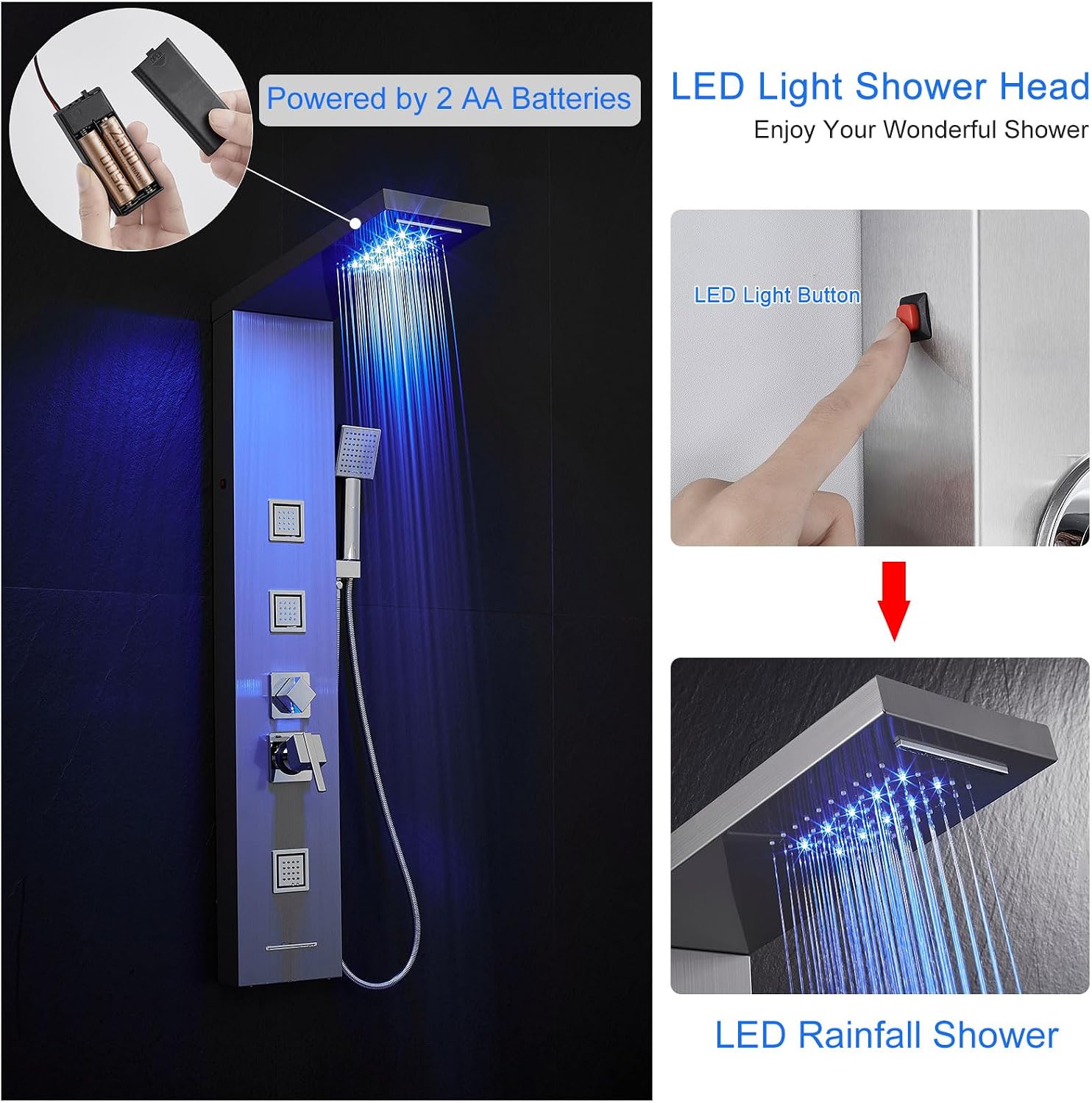 5-in-1 LED Shower Panel Tower System Stainless Steel Rainfall + waterfall heads | 3 massage sprays | Handheld shower | Waterfall tub spout | LED lights | Wall mount