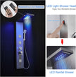 5-in-1 LED Shower Panel Tower System Stainless Steel Rainfall + waterfall heads | 3 massage sprays | Handheld shower | Waterfall tub spout | LED lights | Wall mount
