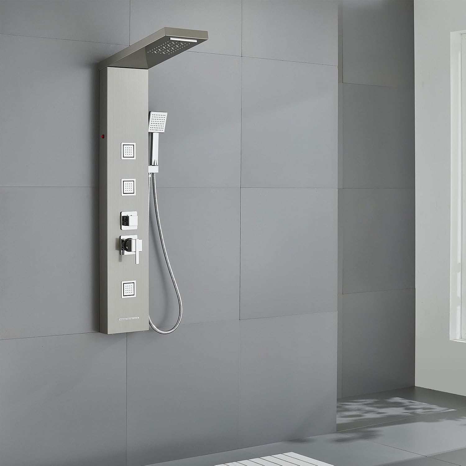 5-in-1 LED Shower Panel Tower System Stainless Steel Rainfall + waterfall heads | 3 massage sprays | Handheld shower | Waterfall tub spout | LED lights | Wall mount