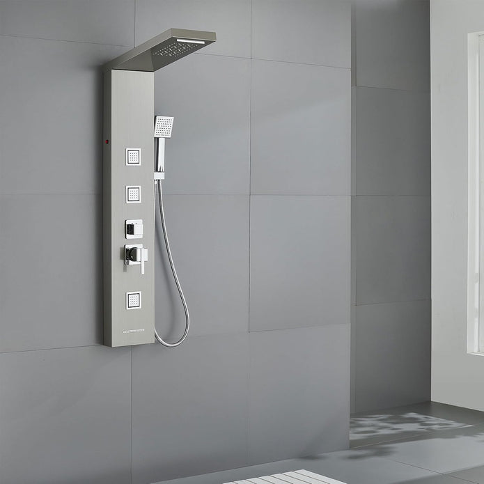 5-in-1 LED Shower Panel Tower System Stainless Steel Rainfall + waterfall heads | 3 massage sprays | Handheld shower | Waterfall tub spout | LED lights | Wall mount