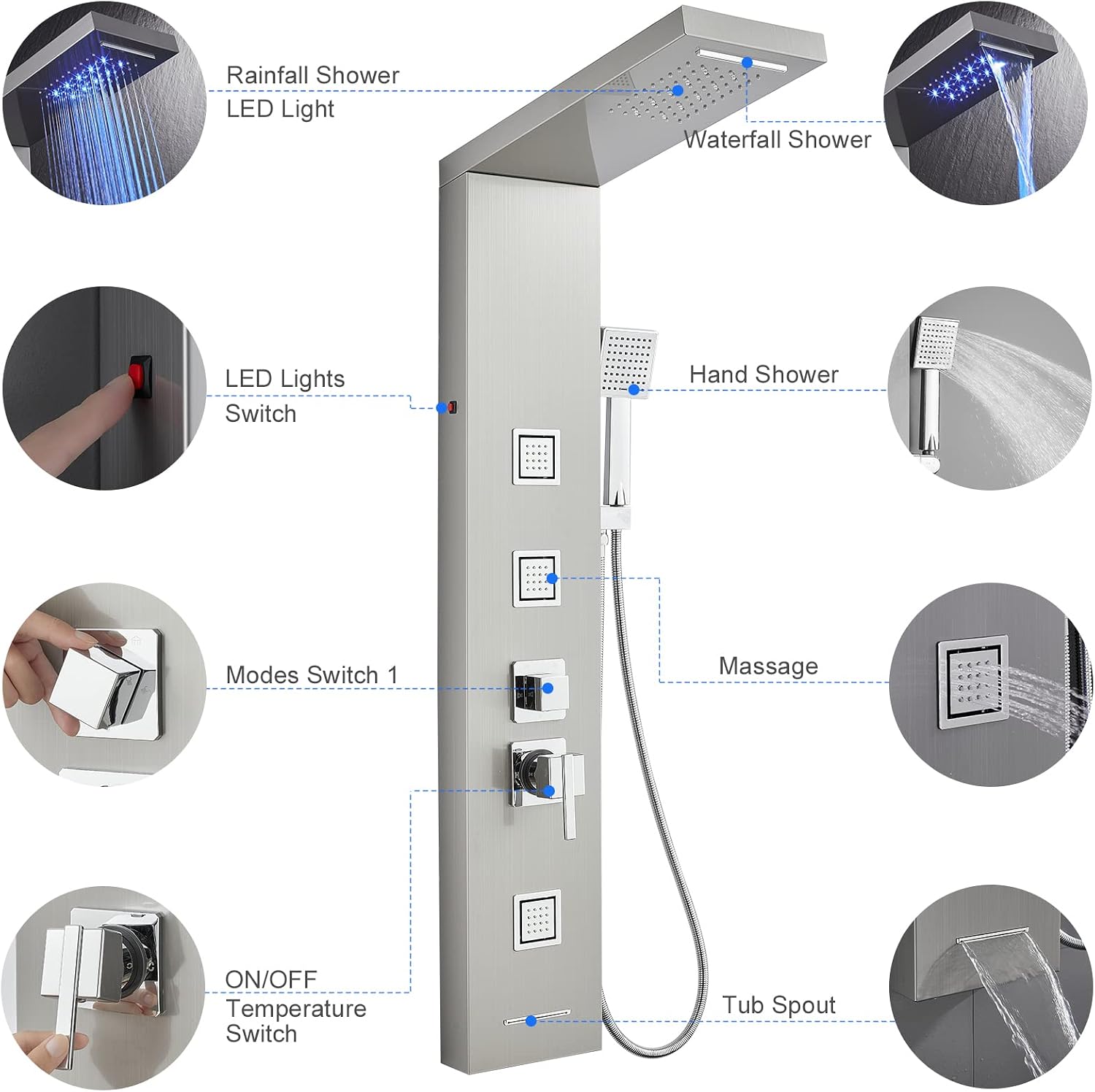 5-in-1 LED Shower Panel Tower System Stainless Steel Rainfall + waterfall heads | 3 massage sprays | Handheld shower | Waterfall tub spout | LED lights | Wall mount
