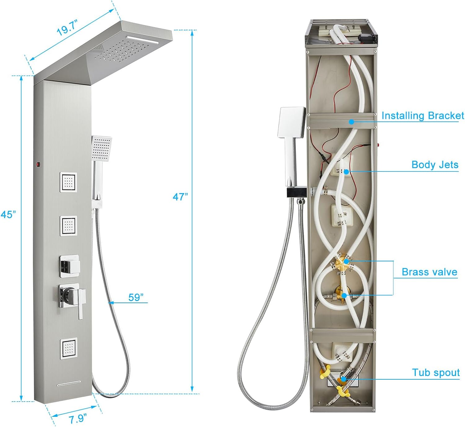 5-in-1 LED Shower Panel Tower System Stainless Steel Rainfall + waterfall heads | 3 massage sprays | Handheld shower | Waterfall tub spout | LED lights | Wall mount
