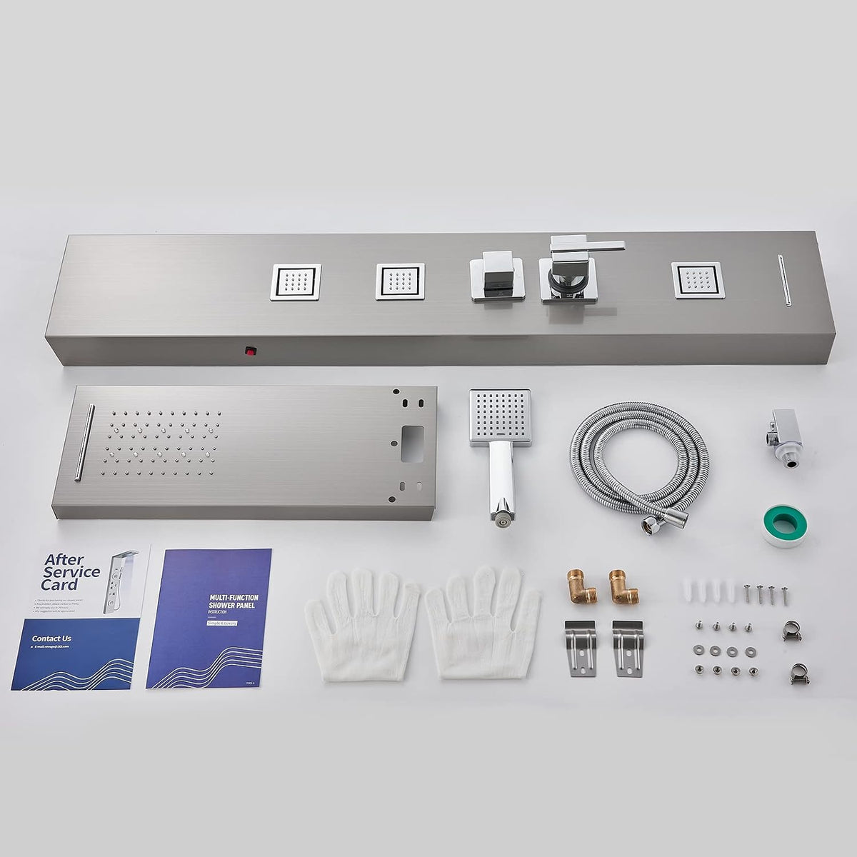 5-in-1 LED Shower Panel Tower System Stainless Steel Rainfall + waterfall heads | 3 massage sprays | Handheld shower | Waterfall tub spout | LED lights | Wall mount