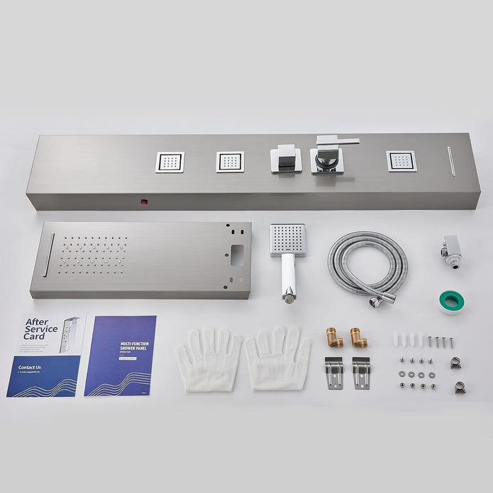5-in-1 LED Shower Panel Tower System Stainless Steel Rainfall + waterfall heads | 3 massage sprays | Handheld shower | Waterfall tub spout | LED lights | Wall mount